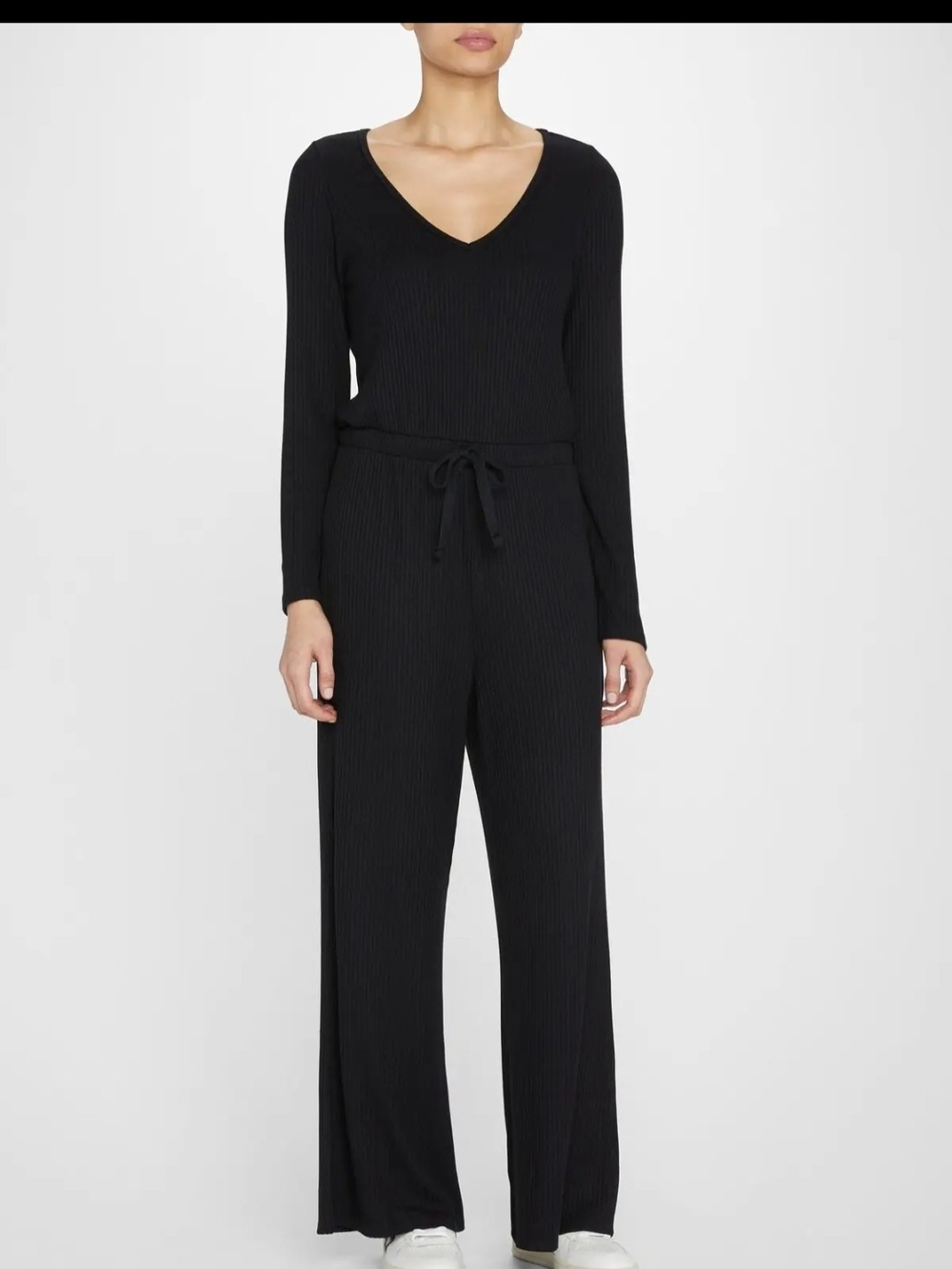 Beyond Yoga Black Ribbed Wide-Leg V-Neck Jumpsuit with Drawstring